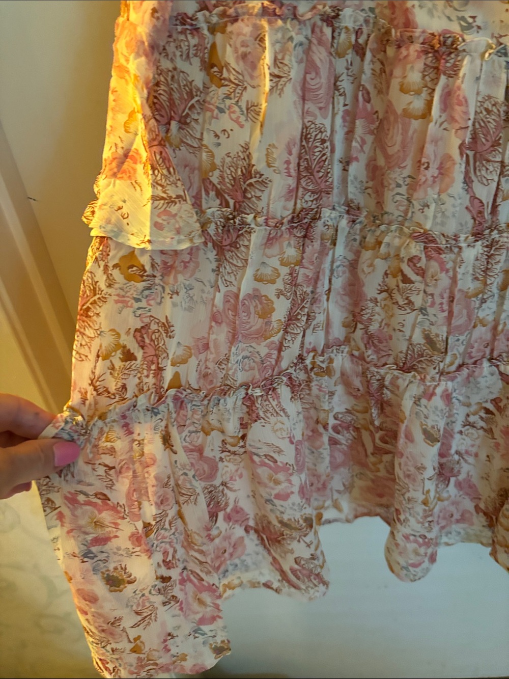 Storia Floral Tiered Long Sleeve Ruffle Dress in Pink and Cream - Picture 5 of 7